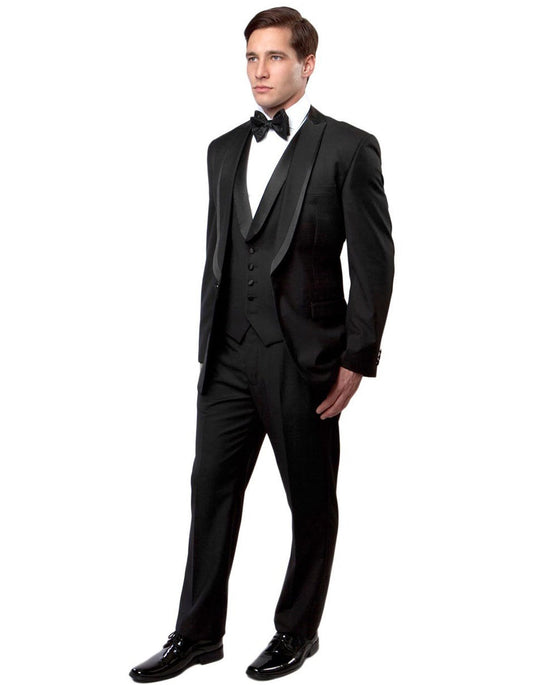 Mens Vested Modern Fit Peak Trim Wool Tuxedo in Black - Men's Tuxedo USA