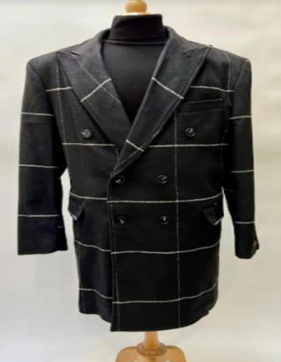 Black Plaid Overcoat - Wool Topcoat With WindowPane Pattern Double Breasted Style - Men's Tuxedo USA