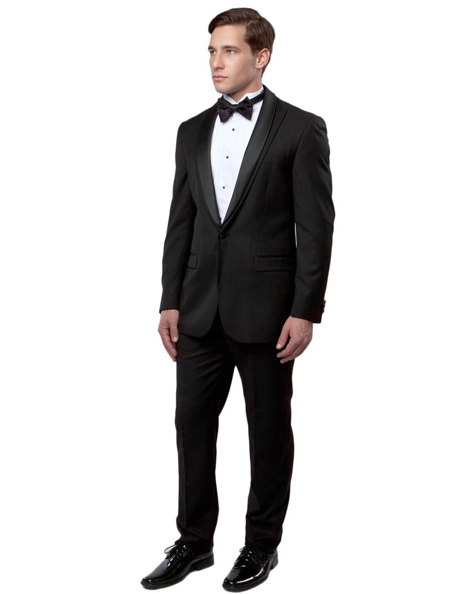 Mens Modern Fit 1 Button Shawl Peak Wool Tuxedo in Black - Men's Tuxedo USA