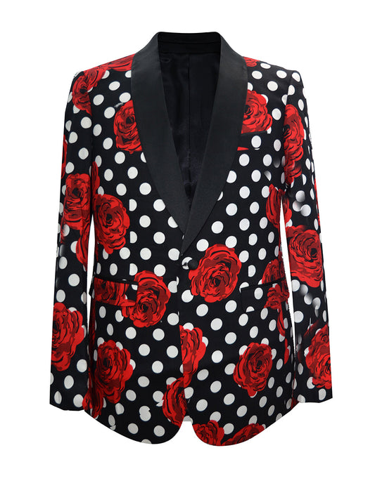 Mens Polka Dot & Rose Dinner Jacket in Black & Red - Men's Tuxedo USA