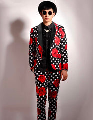 Mens Slim Fit Black & White Polka Dot Prom Tuxedo with Roses - Men's Tuxedo USA