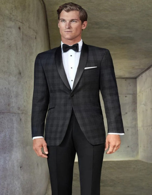 Mens Black Plaid Tuxedo Jacket Slim Fit Black with Grey Plaid Pattern Tuxedo - Men's Tuxedo USA