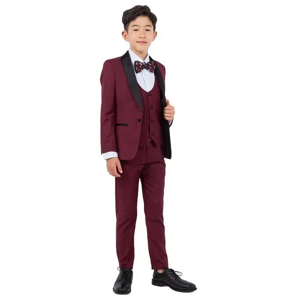 New Stacy Adams Boys Burgundy Tuxedo Set, 5-Piece Black Shawl Collar - Men's Tuxedo USA