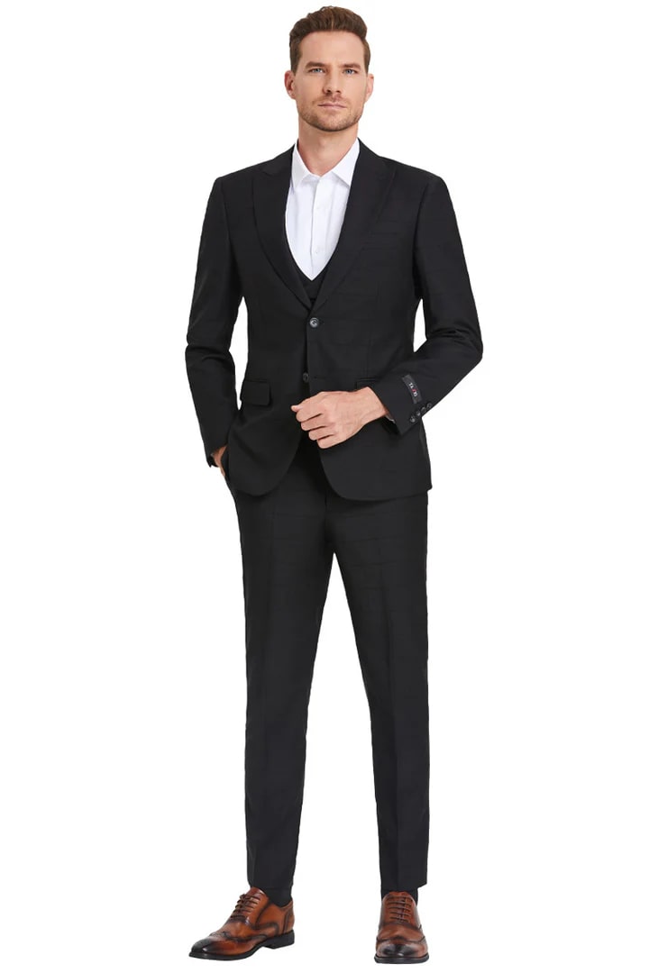 Men's Two Button Vested Peak Lapel Sharkskin Suit In Black Windowpane Plaid - Men's Tuxedo USA