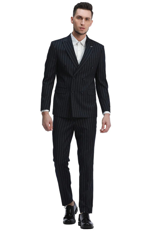 Men's Slim Fit Double Breasted Bold Gangster Pinstripe Suit In Black - Men's Tuxedo USA