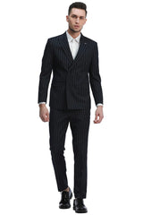 Men's Slim Fit Double Breasted Bold Gangster Pinstripe Suit In Black - Men's Tuxedo USA