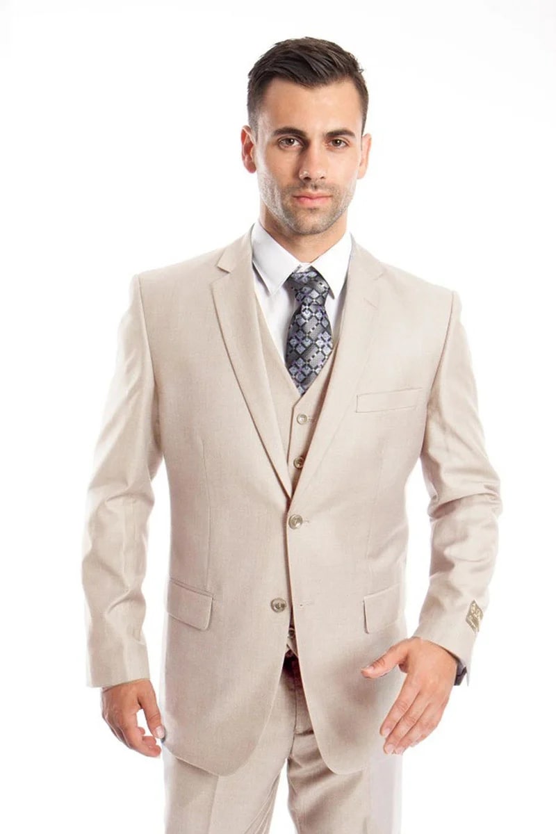 Men's Vested Two Button Solid Color Wedding & Business Suit in Tan - Men's Tuxedo USA