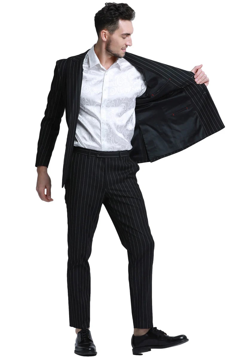 Men's Slim Fit Double Breasted Bold Gangster Pinstripe Suit In Black - Men's Tuxedo USA