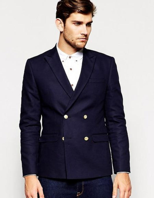 Black Or Navy Blue Men's Double Breasted Suits Jacket Slim Fit 4 Buttons Style Fabric Blazer Sport Coat - Men's Tuxedo USA