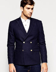 Black Or Navy Blue Men's Double Breasted Suits Jacket Slim Fit 4 Buttons Style Fabric Blazer Sport Coat - Men's Tuxedo USA