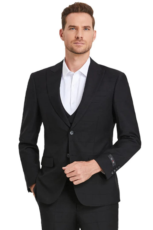 Men's Two Button Vested Peak Lapel Sharkskin Suit In Black Windowpane Plaid - Men's Tuxedo USA