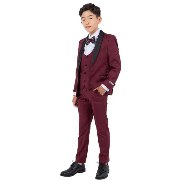 New Stacy Adams Boys Burgundy Tuxedo Set, 5-Piece Black Shawl Collar - Men's Tuxedo USA