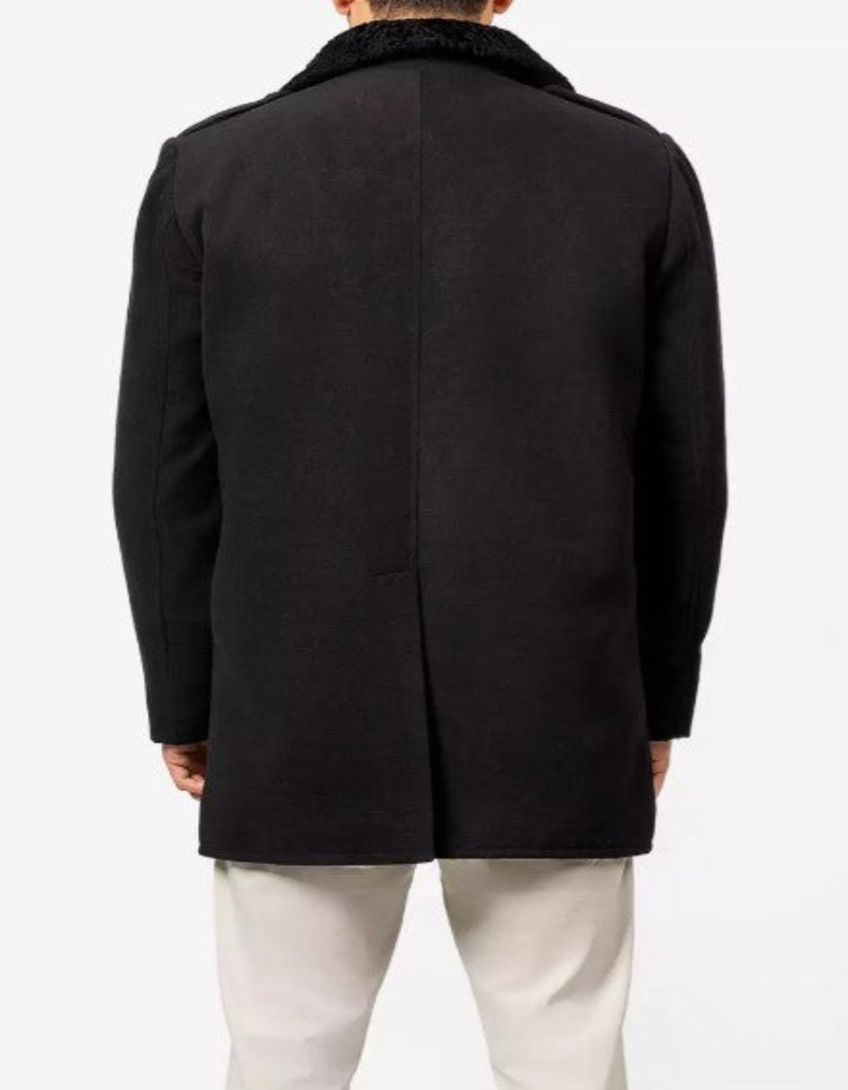 Mens Peacoat With Fur Collar - Black Wool Button Coat - Men's Tuxedo USA