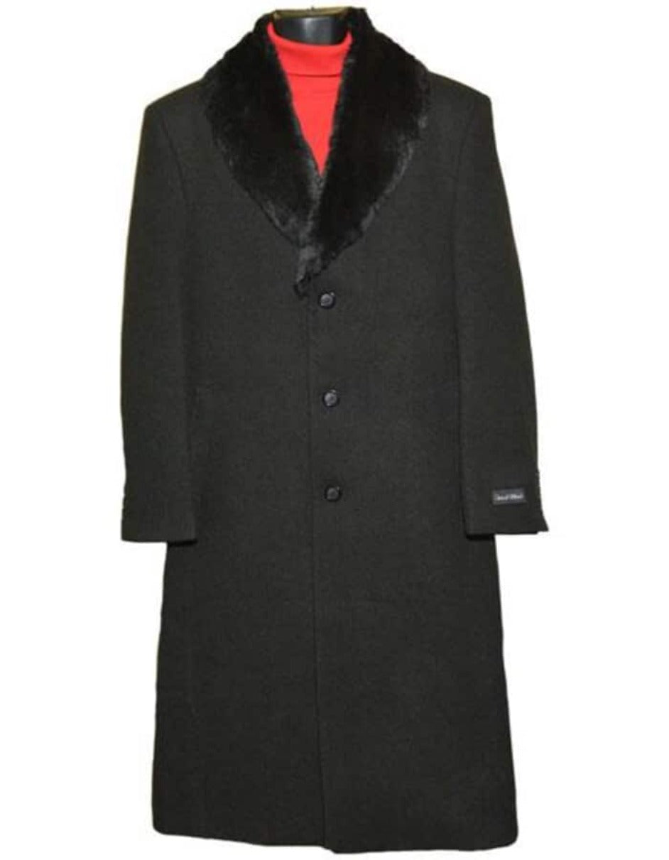 Mens Overcoat - Topcoat For Men - Winter Fabric - Men's Fur Black 3 Button Wool Ankle length Overcoat - Men's Tuxedo USA