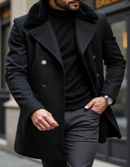 Mens Peacoat With Fur Collar - Black Wool Double Breasted Coat - Men's Tuxedo USA