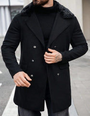 Mens Peacoat With Fur Collar - Black Wool Double Breasted Coat - Men's Tuxedo USA