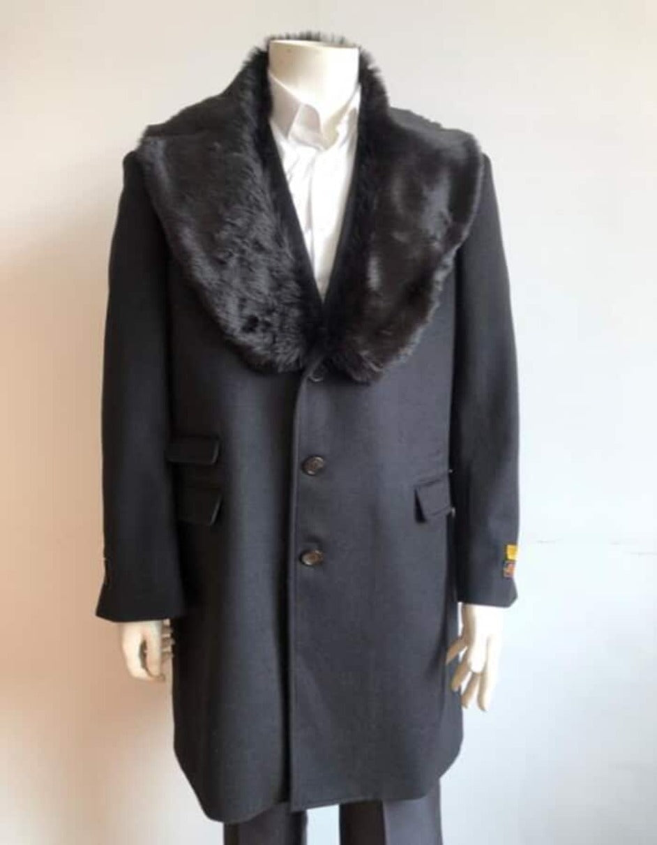 Mens Overcoat - Topcoat For Men - Winter Fabric - Long Jacket Ticket Pocket Designer Peacoat Sale ~ Wool men's Car Coat Mid Length Three quarter length coat ~ Overcoat With Fur Collar Black - Men's Tuxedo USA