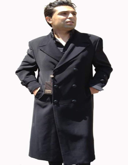 Mens Overcoat - Topcoat For Men - Winter Fabric - Top Coat, Ankle length overcoats for men Dress Coat Cheap Priced Available In Big & Tall Sizes Double Breasted 6 on Three buttons, 50 Length with Tabs on Sleeves Dark color black - Men's Tuxedo USA