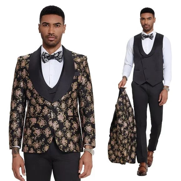 2024 Black & Pink Shiny Floral Mens 3pc Suit by Tazzio - Men's Tuxedo USA