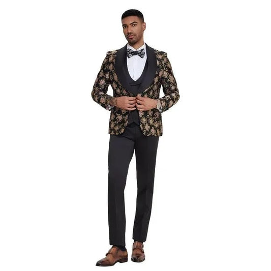 2024 Black & Pink Shiny Floral Mens 3pc Suit by Tazzio - Men's Tuxedo USA