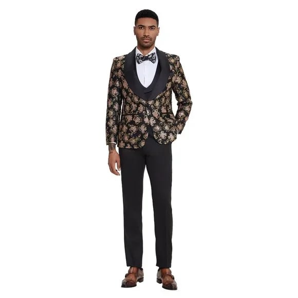 2024 Black & Pink Shiny Floral Mens 3pc Suit by Tazzio - Men's Tuxedo USA