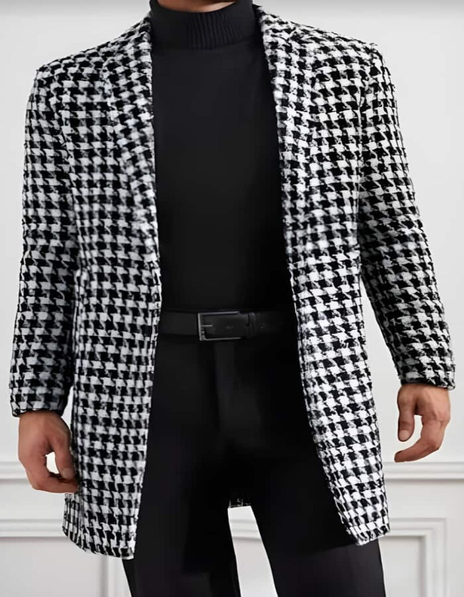 Mens Overcoat - Topcoat For Men - Winter Fabric - Mens Plaid Overcoat - Hounstooth Checker Pattern Topcoat - Black - Men's Tuxedo USA