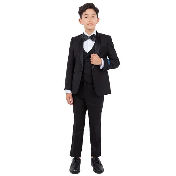 New Perry Ellis Boys Black Tuxedo Set, Solid 5-Piece Black Shawl Collar - Men's Tuxedo USA