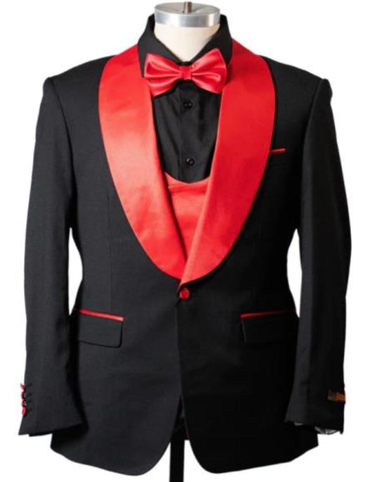 1 Button Shawl Lapel Tuxedo With Vest Black And Red - Men's Tuxedo USA