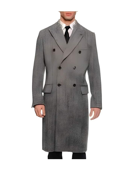 Mens Overcoat - Topcoat For Men - Winter Fabric - Men's Dress Coat Double Breasted Black ~ White Six Button Gray Herringbone Tweed Overcoat Full length - Men's Tuxedo USA