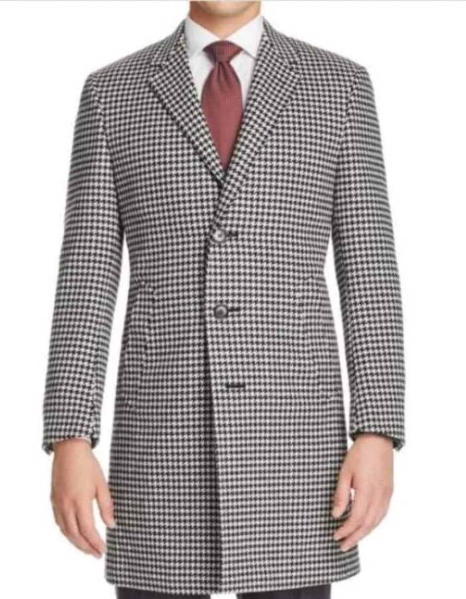 Mens Overcoat - Topcoat For Men - Winter Fabric - Mens Black White Houndstooth Wool men's Overcoat - Mens Topcoat - Men's Tuxedo USA