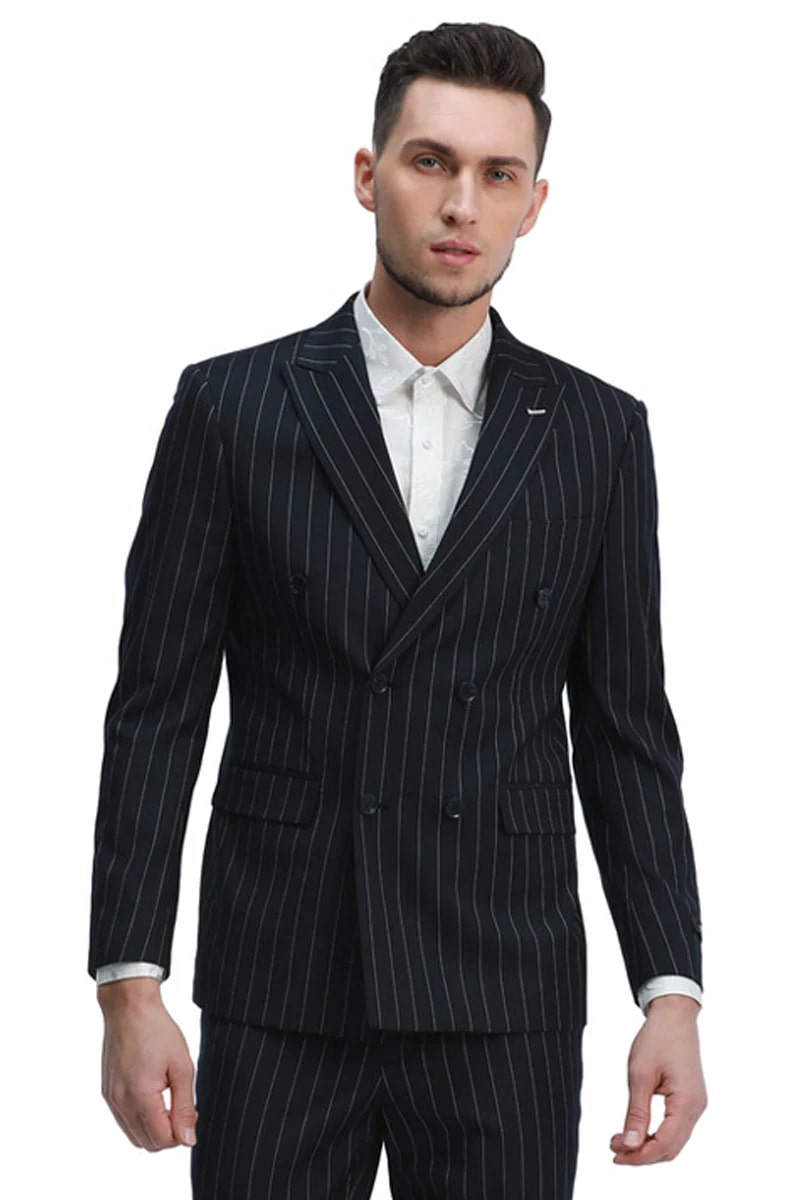 Men's Slim Fit Double Breasted Bold Gangster Pinstripe Suit In Black - Men's Tuxedo USA