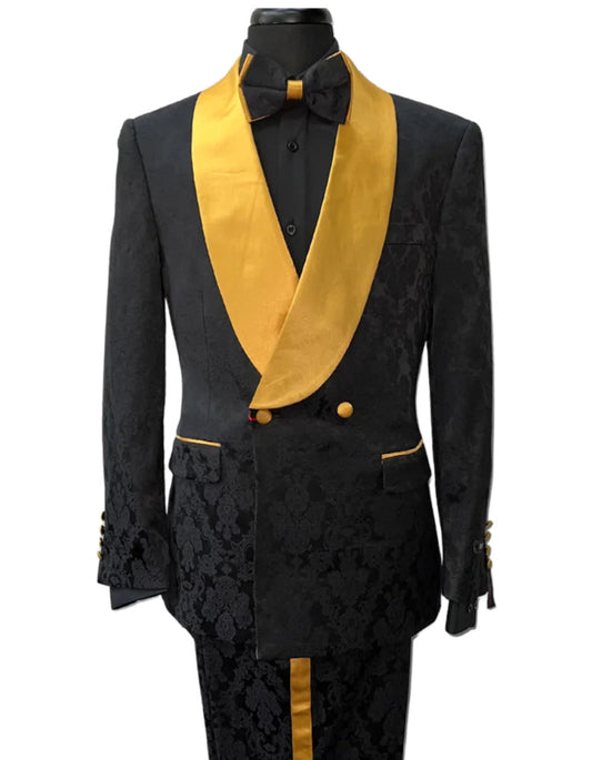 Mens Double Breasted Black Paisley with Gold Lapel Prom Tuxedo - Men's Tuxedo USA