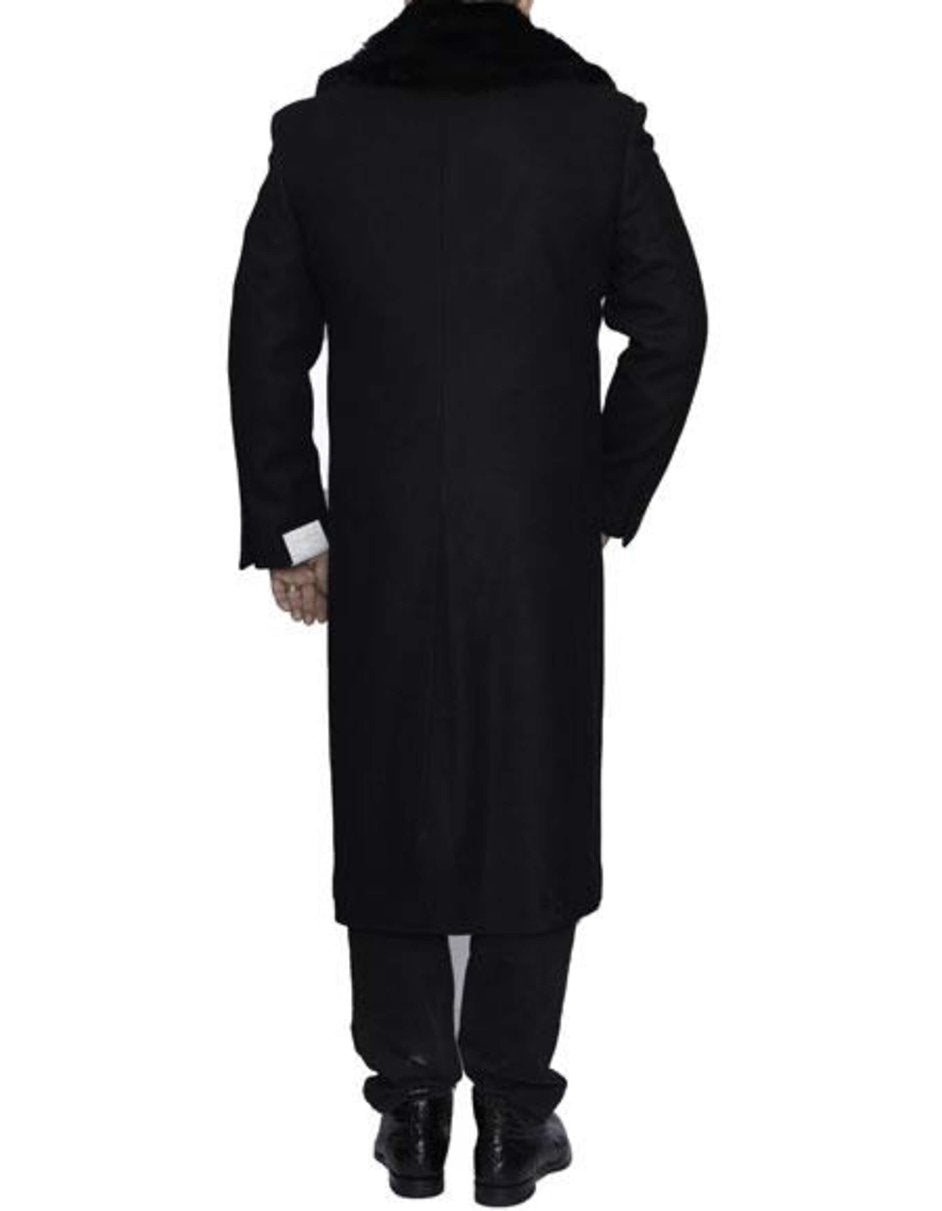 Removable Fur Collar Ankle length Black Full Length Wool Dress Top Coat/Overcoat - Men's Tuxedo USA