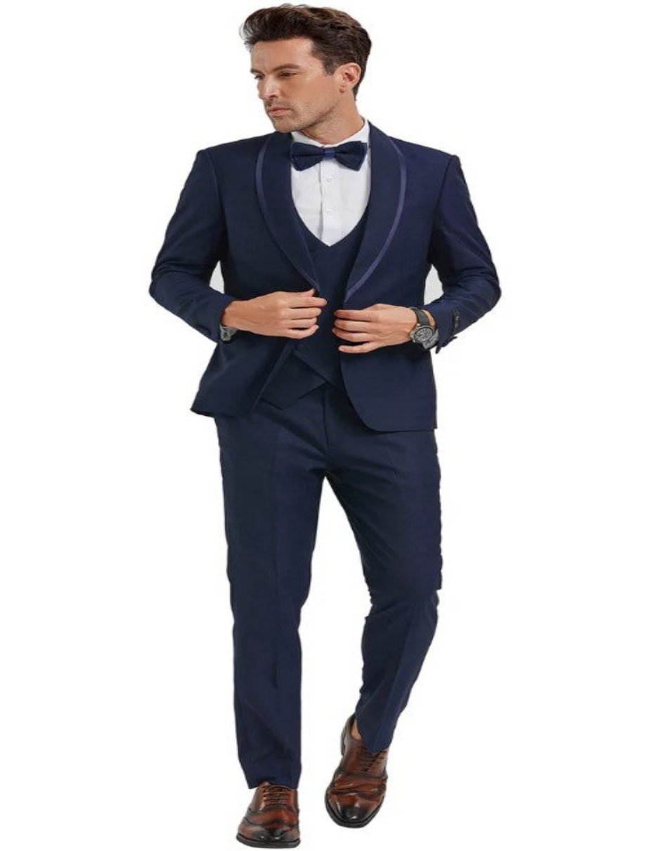 Blue Prom Suit - Blue Homecoming Outfits For Guys in Navy Blue with Blue Satin Trim Tuxedo - Men's Tuxedo USA