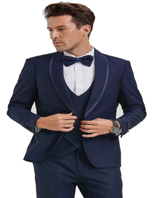 Blue Prom Suit - Blue Homecoming Outfits For Guys in Navy Blue with Blue Satin Trim Tuxedo - Men's Tuxedo USA