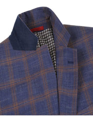 Mens Slim Fit Two Button Sport Coat Navy Blue & Gold Windowpane Plaid Blazer - Men's Tuxedo USA