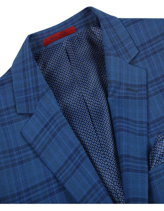 Mens Two Button Slim Fit Sport Coat Medium Indigo Blue Windowpane Plaid Blazer - Men's Tuxedo USA