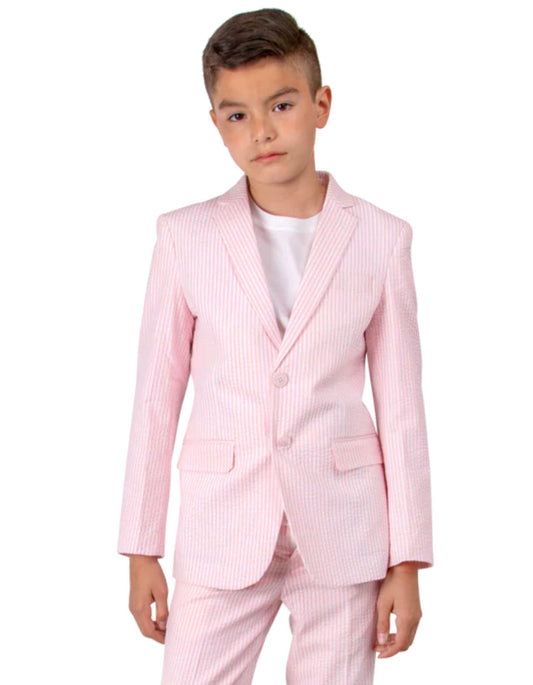 Boys Designer 2 Button Summer Seersucker Wedding Suit in Pink - Men's Tuxedo USA