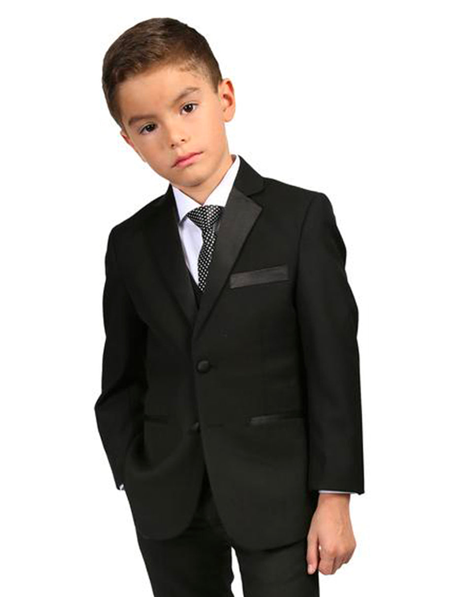 Boys 2 Button Vested Notch Collar Wedding Tuxedo in Black - Men's Tuxedo USA