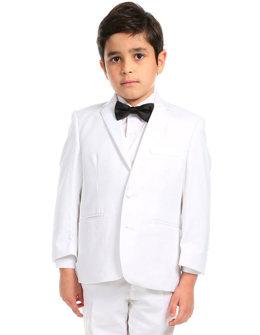 Boys 2 Button Vested Notch Collar Wedding Tuxedo in White - Men's Tuxedo USA