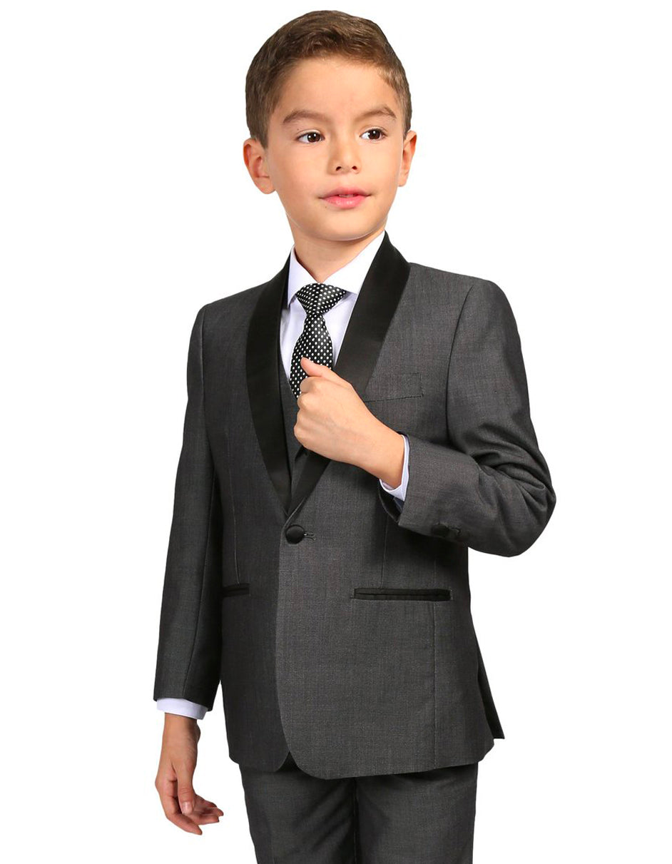 Boys Vested Shawl Collar Wedding Tuxedo in Charcoal Grey - Men's Tuxedo USA