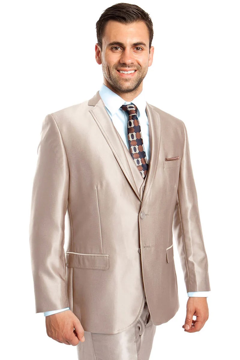 Men's Two Button Vested Shiny Sharkskin Wedding & Prom Fashion Suit in Champagne Light Tan - Men's Tuxedo USA