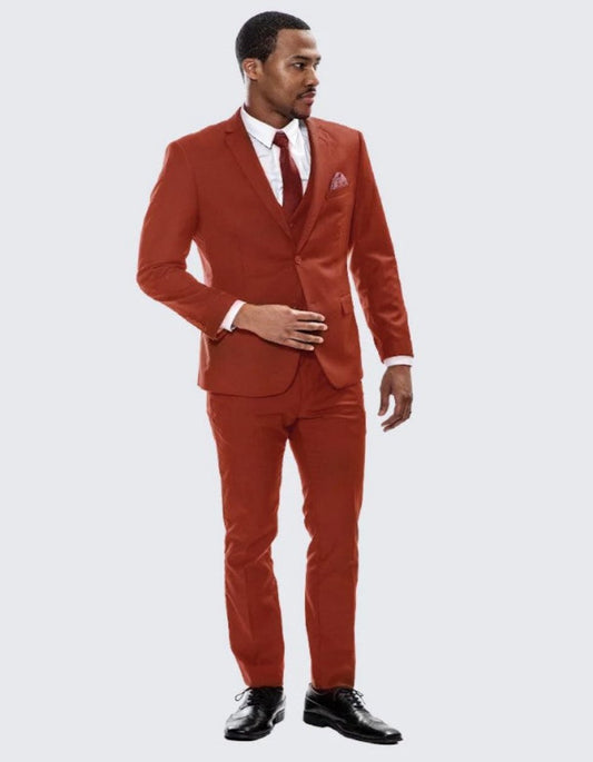 Brick Red Notch Label Skinny Fit Suit Three Piece Set - Wedding - Prom