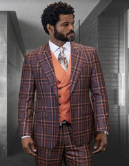 Brown Plaid Suit - Copper - Orange - Rust Color Windowpane Pattern Suit - Wool Suit - Peak Lapel Side Vented Modern Fit - Men's Tuxedo USA