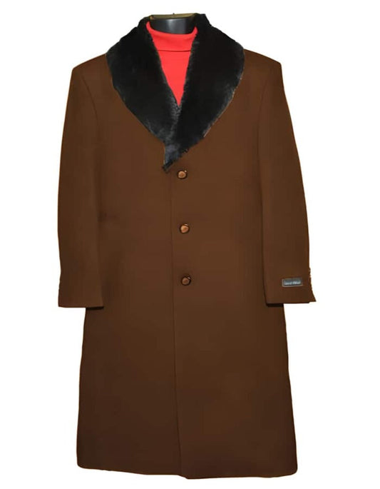 Mens Overcoat - Topcoat For Men - Winter Fabric - Brown Fur Collar 3 Button Wool Ankle length Overcoat ~ Long men's Dress Topcoat - Winter coat - Men's Tuxedo USA