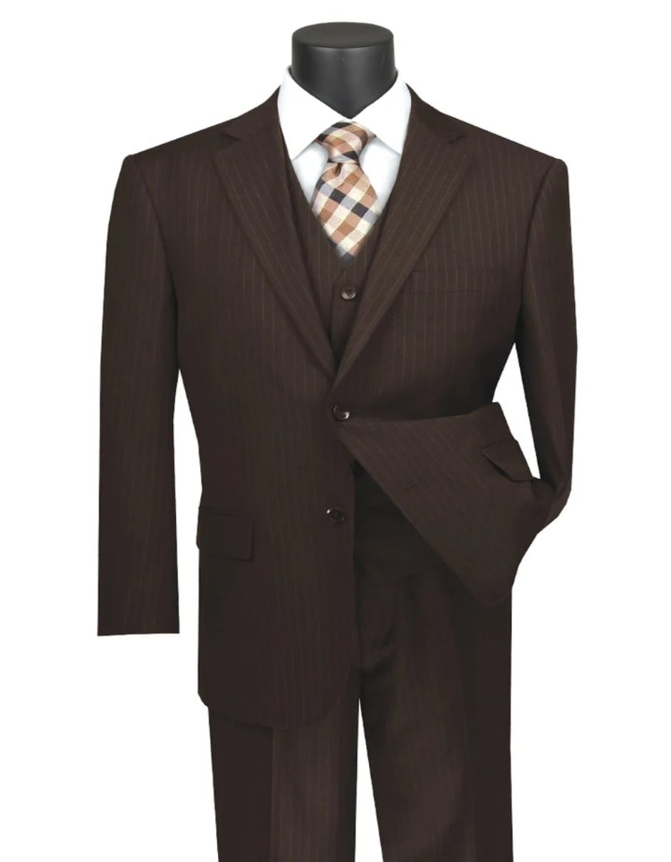 Pleated Dress Men Suits - Mens Classic Fit Vested Banker Brown Pinstripe Suit