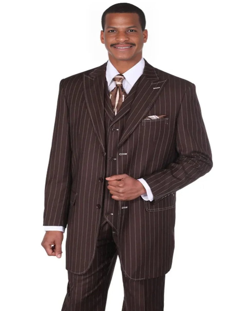 Pleated Dress Men Suits - Mens Vintage Vested Gangster Bold Pinstripe Brown Single Breasted Fashion Suit