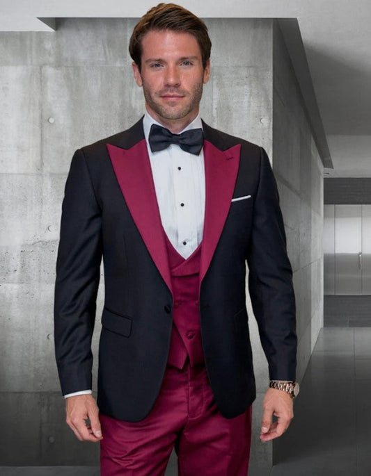 Mens Burgundy 3 PC Modern Fit Tuxedo