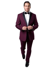 Mens Modern Wool Peak Trim Wedding Tuxedo in Burgundy - Men's Tuxedo USA