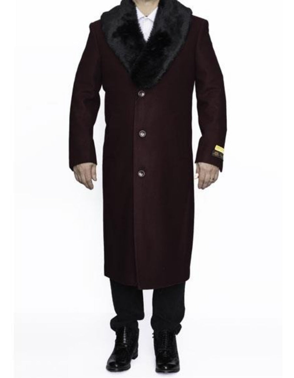 Mens Overcoat - Topcoat For Men - Winter Fabric - Removable Fur Collar Full Length Wool Dress Ankle length Top Coat/Overcoat Burgundy - Men's Tuxedo USA